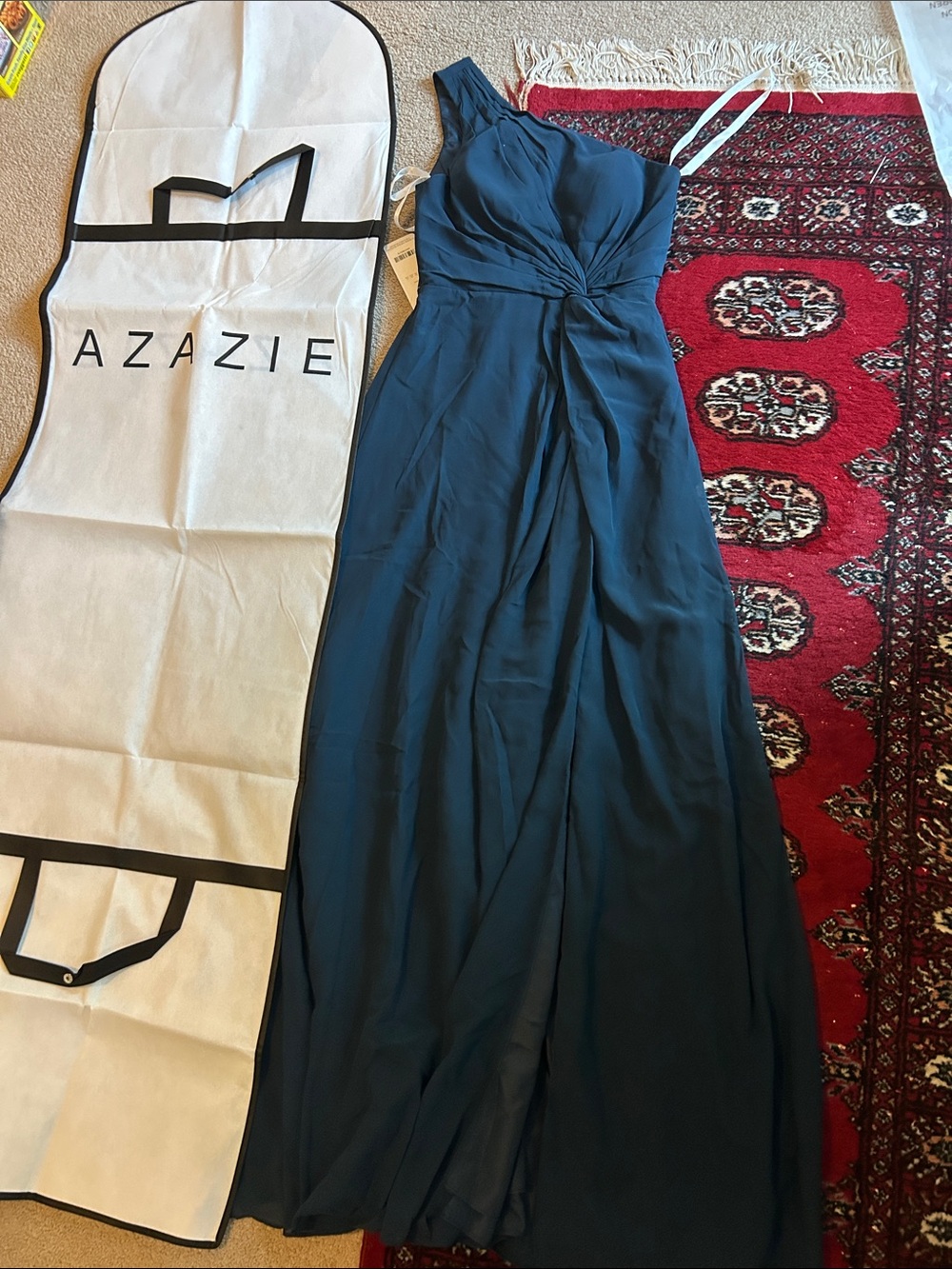 Azazie Teal One-Shoulder Knot-Waist Gown